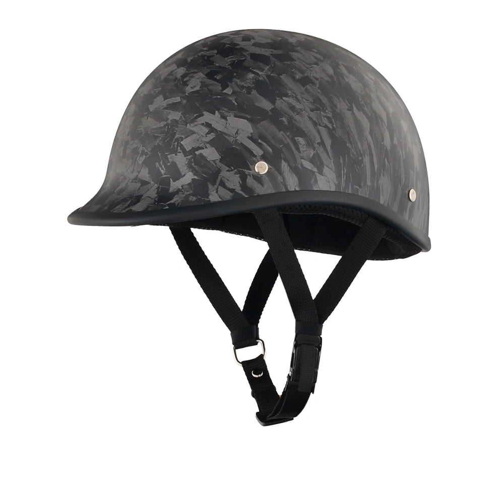 DOT-AUS-NZ Cartified - Lightweight - Reversible - Low Profile - Polo Style - Motorcycle Biker Beanie Helmet - Black Carbon Fiber - BeanieHelmets - with quick-release chin strap on a white background