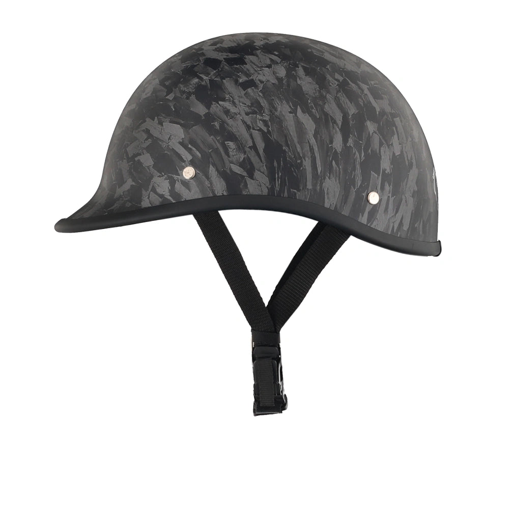 DOT-AUS-NZ Cartified - Lightweight - Reversible - Low Profile - Polo Style - Motorcycle Biker Beanie Helmet - Black Carbon Fiber - BeanieHelmets - with quick-release chin strap on a white background