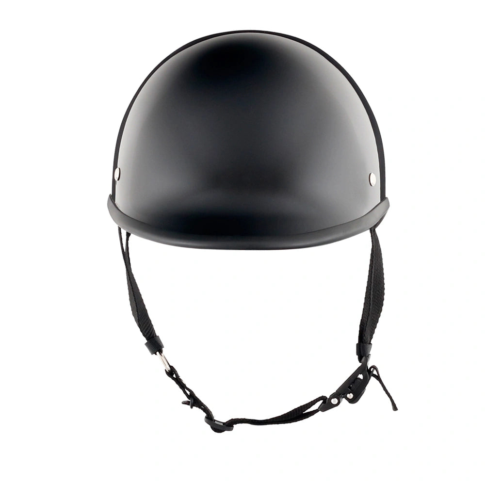 DOT-AUS-NZ Cartified - Lightweight - Reversible - Low Profile - Polo-Style - Motorcycle Biker Beanie Helmet - Gloss Black - BeanieHelmets - with quick-release chin strap on a white background