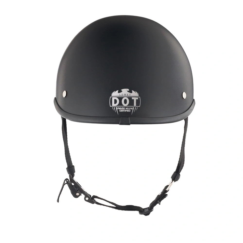 DOT-AUS-NZ Cartified - Lightweight - Reversible - Low Profile - Polo-Style - Motorcycle Biker Beanie Helmet - Matte Black - BeanieHelmets - with quick-release chin strap on a white background