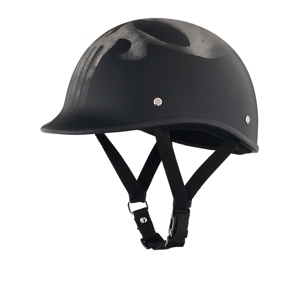 DOT-AUS-NZ Cartified - Lightweight - Reversible - Low Profile - Polo-Style - Motorcycle Biker Beanie Helmet - Skull Black - BeanieHelmets - with quick-release chin strap on a white background