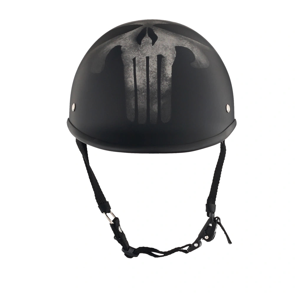 DOT-AUS-NZ Cartified - Lightweight - Reversible - Low Profile - Polo-Style - Motorcycle Biker Beanie Helmet - Skull Black - BeanieHelmets - with quick-release chin strap on a white background