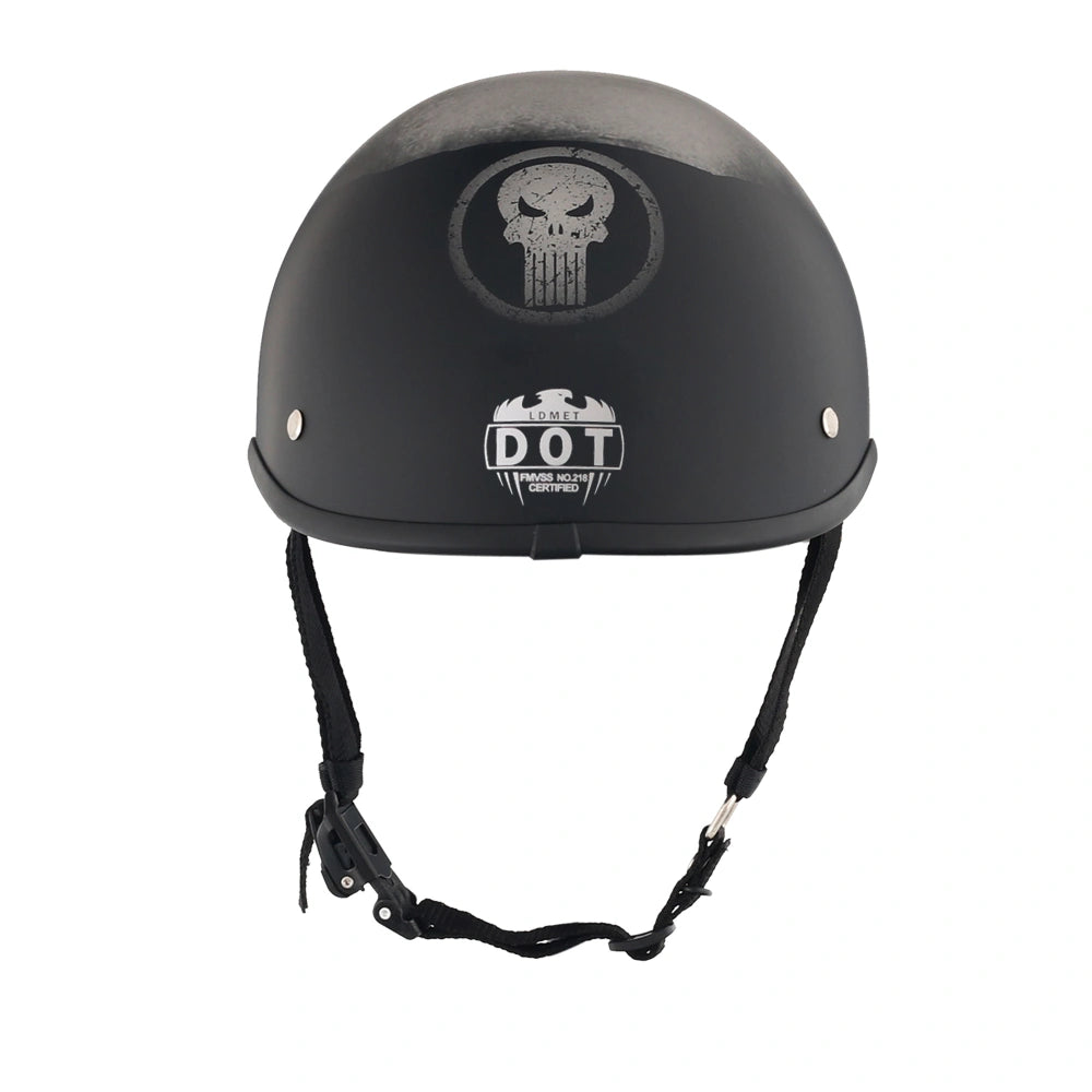 DOT-AUS-NZ Cartified - Lightweight - Reversible - Low Profile - Polo-Style - Motorcycle Biker Beanie Helmet - Skull Black - BeanieHelmets - with quick-release chin strap on a white background