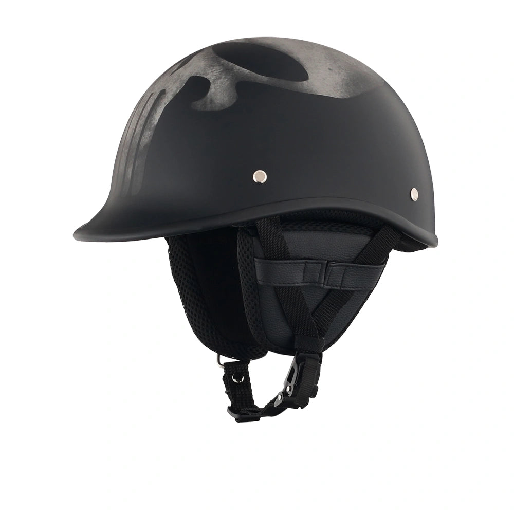 DOT-AUS-NZ Cartified - Lightweight - Reversible - Low Profile - Polo-Style - Motorcycle Biker Beanie Helmet - Skull Black - BeanieHelmets - with quick-release chin strap on a white background