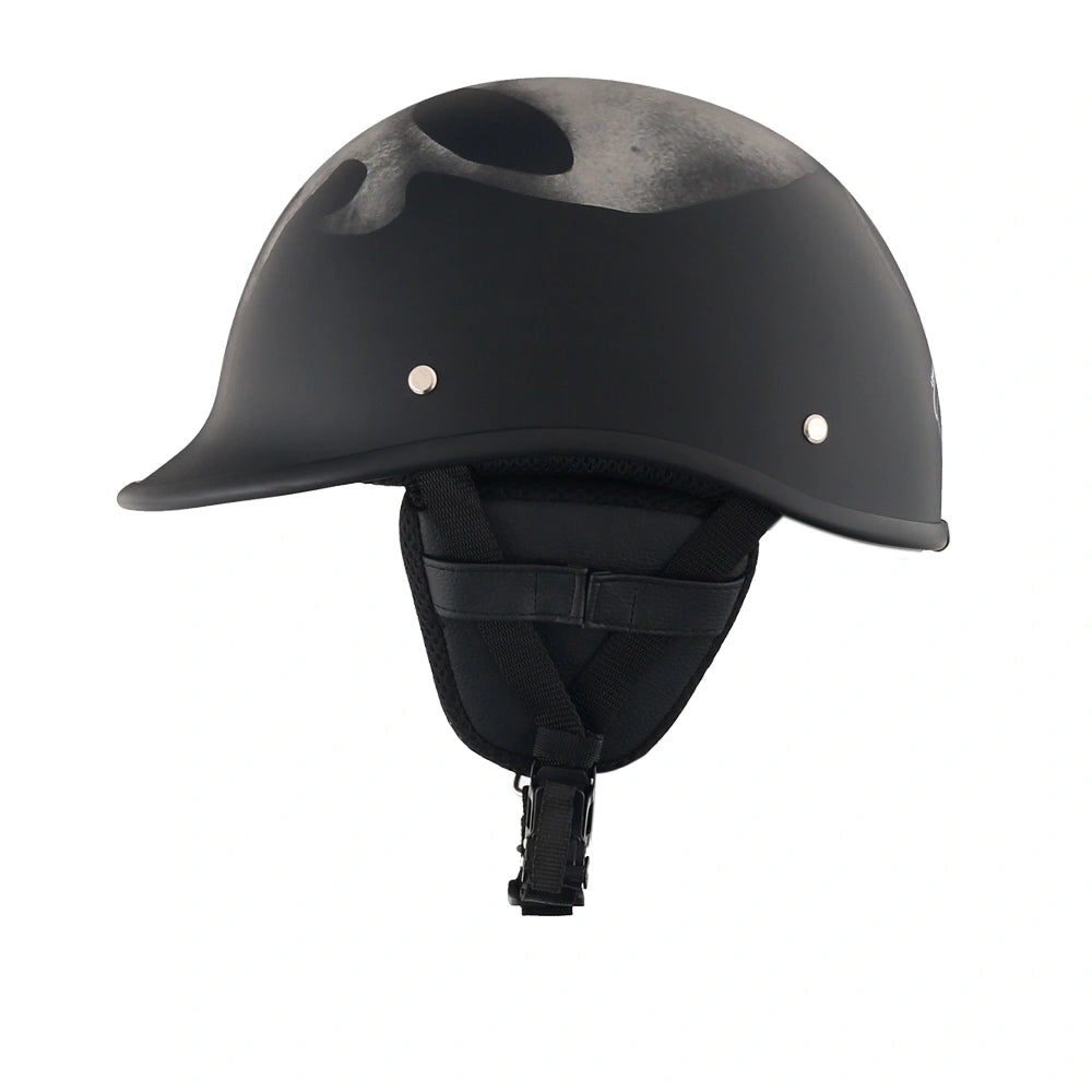 DOT-AUS-NZ Cartified - Lightweight - Reversible - Low Profile - Polo-Style - Motorcycle Biker Beanie Helmet - Skull Black - BeanieHelmets - with quick-release chin strap on a white background