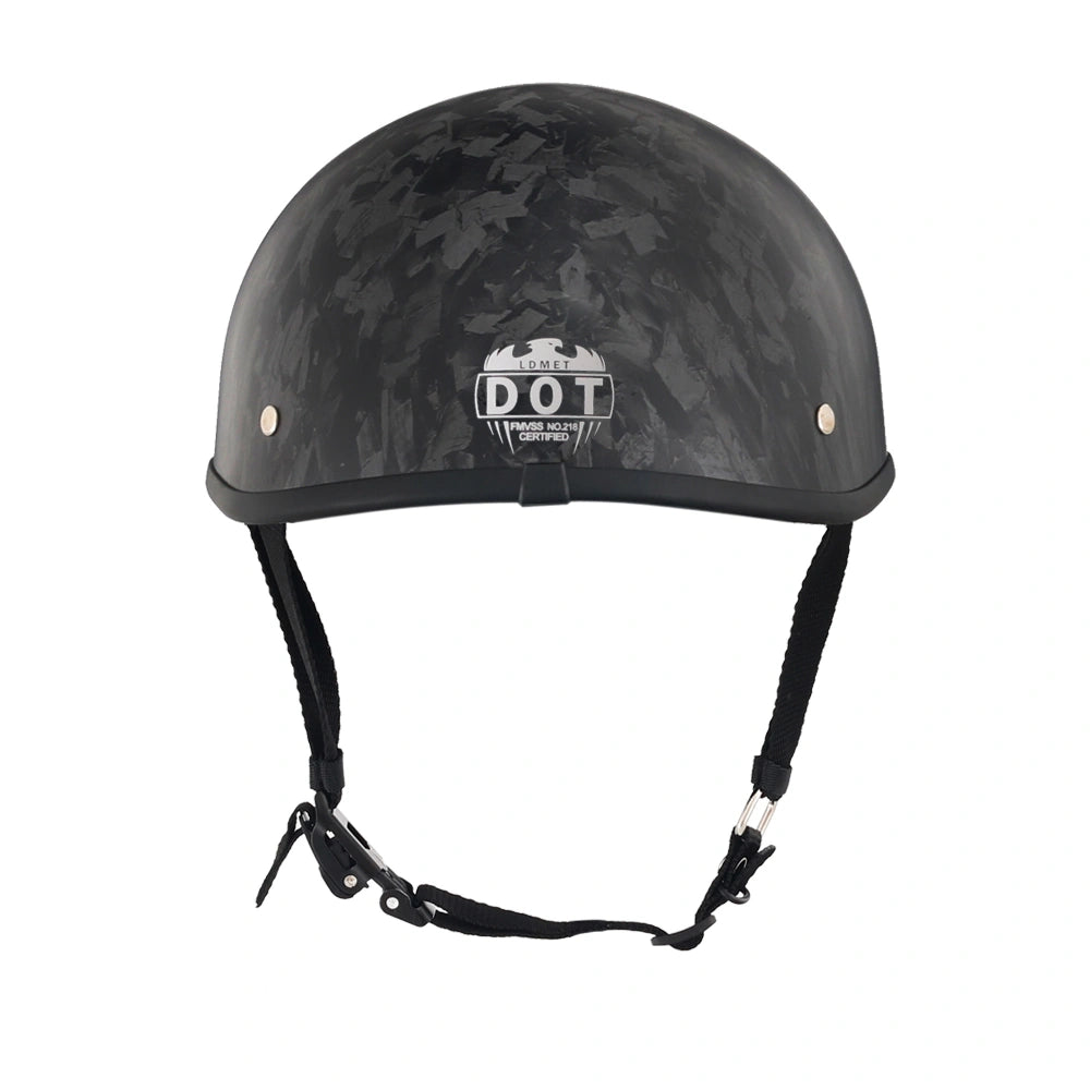DOT-AUS-NZ Cartified - Lightweight - Reversible - Low Profile - SOA-Style - Motorcycle Biker Beanie Helmet - Black Carbon Fiber - BeanieHelmets - with quick-release chin strap on a white background
