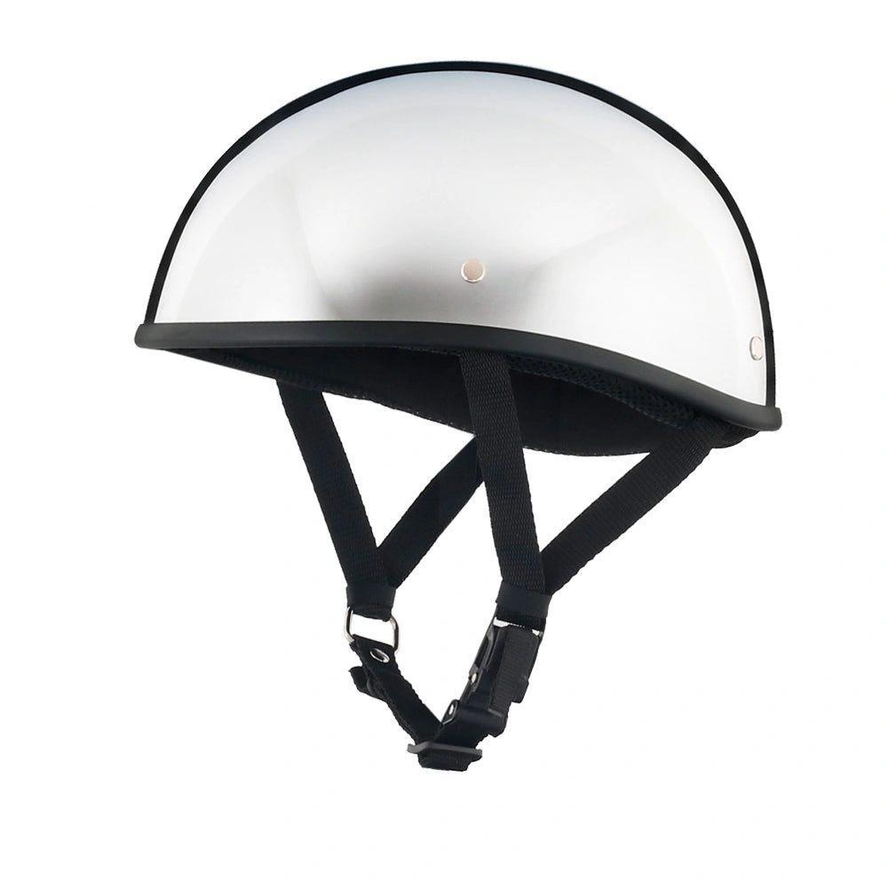 DOT-AUS-NZ Cartified - Lightweight - Reversible - Low Profile - SOA-Style - Motorcycle Biker Beanie Helmet - Chrome - BeanieHelmets - with quick-release chin strap on a white background