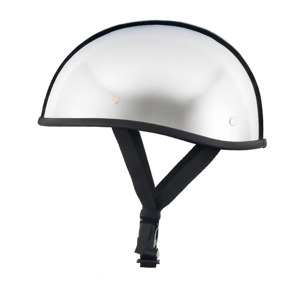 DOT-AUS-NZ Cartified - Lightweight - Reversible - Low Profile - SOA-Style - Motorcycle Biker Beanie Helmet - Chrome - BeanieHelmets - with quick-release chin strap on a white background