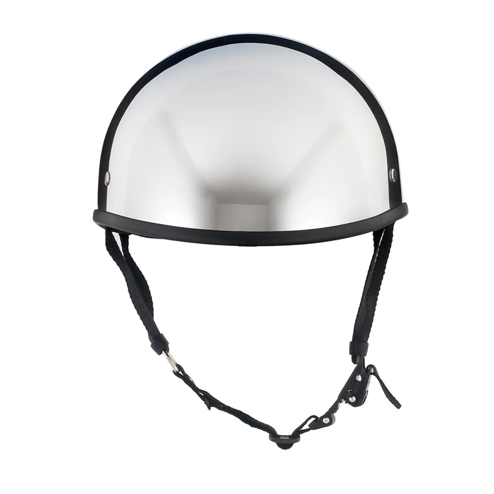 DOT-AUS-NZ Cartified - Lightweight - Reversible - Low Profile - SOA-Style - Motorcycle Biker Beanie Helmet - Chrome - BeanieHelmets - with quick-release chin strap on a white background
