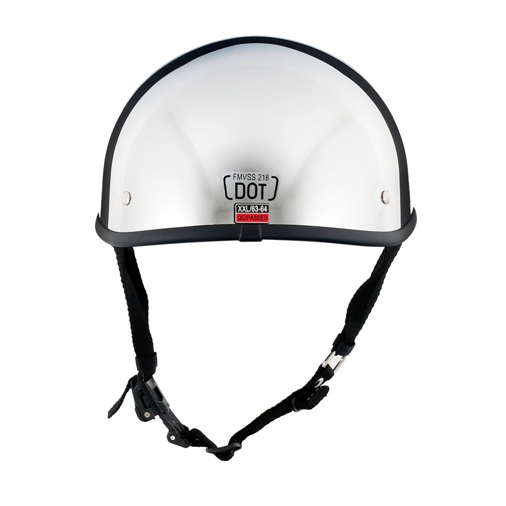 DOT-AUS-NZ Cartified - Lightweight - Reversible - Low Profile - SOA-Style - Motorcycle Biker Beanie Helmet - Chrome - BeanieHelmets - with quick-release chin strap on a white background