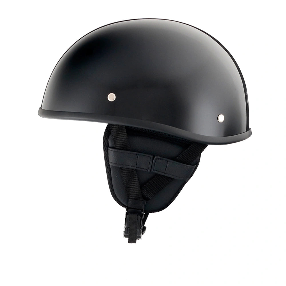 DOT-AUS-NZ Cartified - Lightweight - Reversible - Low Profile - SOA Style - Motorcycle Biker Beanie Helmet - Gloss Black - BeanieHelmets - with quick-release chin strap on a white background