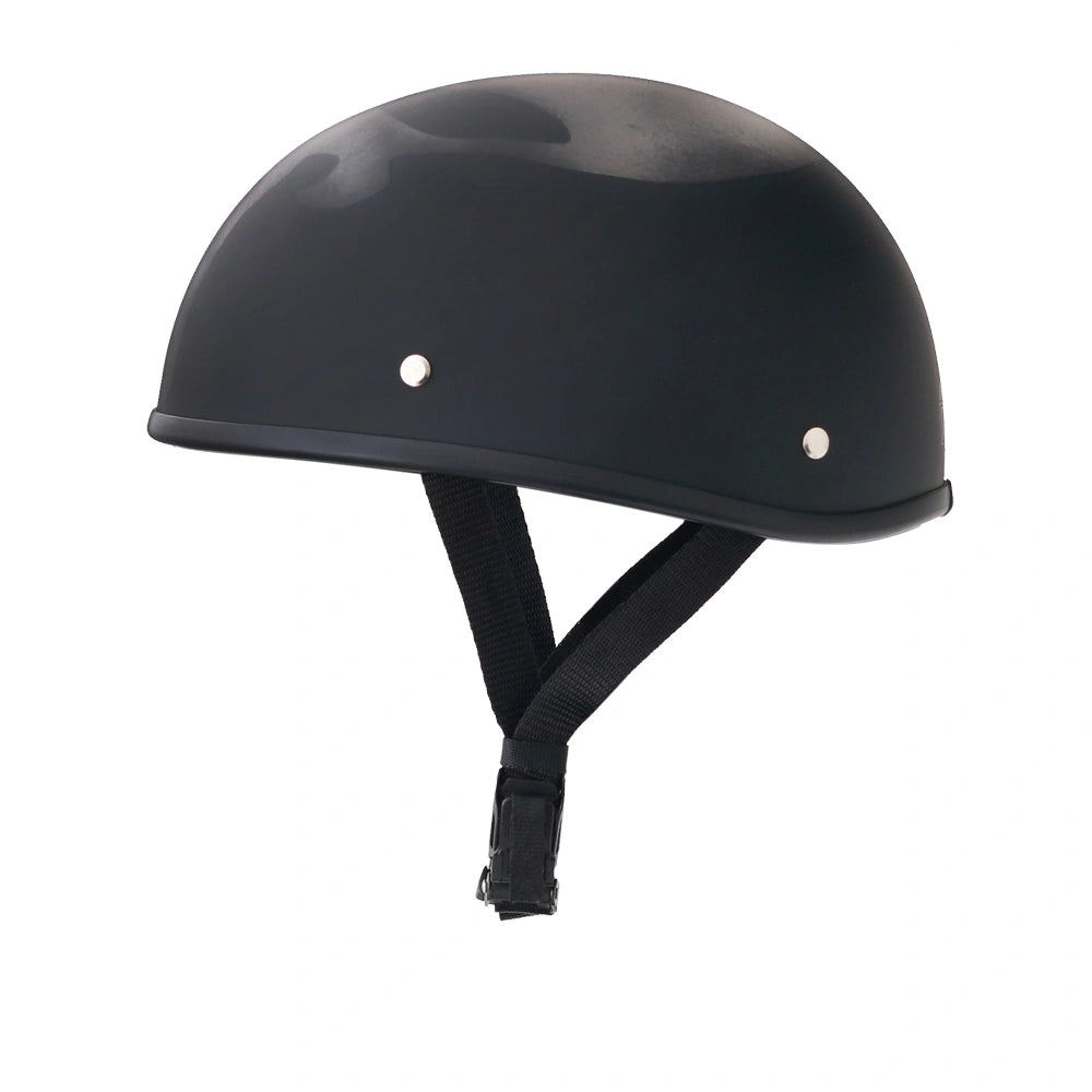 DOT-AUS-NZ Cartified - Lightweight - Reversible - Low Profile - SOA-Style - Motorcycle Biker Beanie Helmet - Skull Black - BeanieHelmets - with quick-release chin strap on a white background