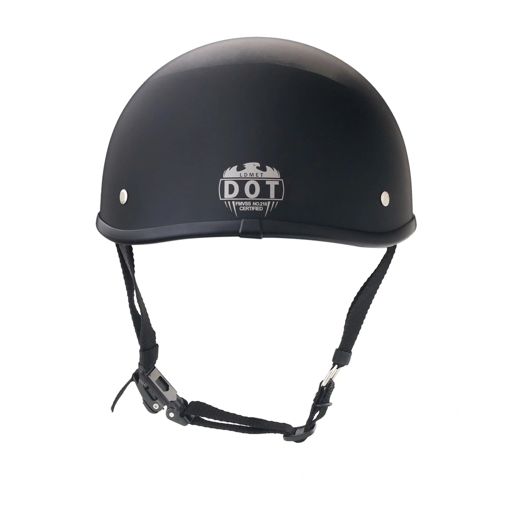 DOT-AUS-NZ Cartified - Lightweight - Reversible - Low Profile - SOA-Style - Motorcycle Biker Beanie Helmet - Skull Black - BeanieHelmets - with quick-release chin strap on a white background