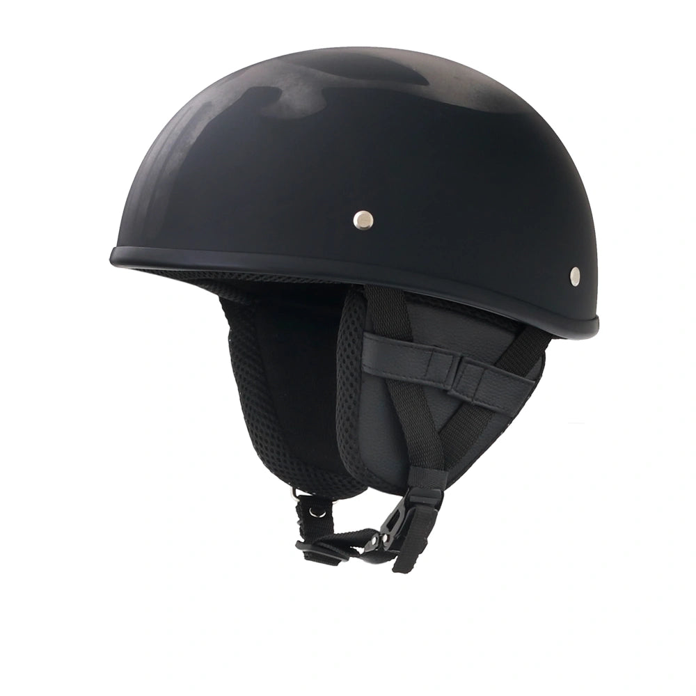 DOT-AUS-NZ Cartified - Lightweight - Reversible - Low Profile - SOA-Style - Motorcycle Biker Beanie Helmet - Skull Black - BeanieHelmets - with quick-release chin strap on a white background