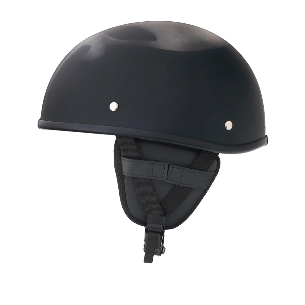 DOT-AUS-NZ Cartified - Lightweight - Reversible - Low Profile - SOA-Style - Motorcycle Biker Beanie Helmet - Skull Black - BeanieHelmets - with quick-release chin strap on a white background