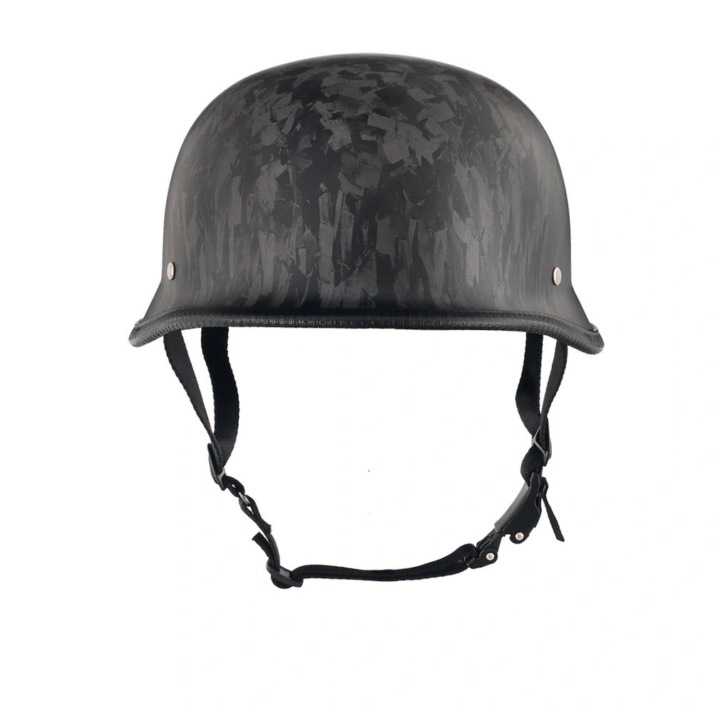 DOT-AUS-NZ Cartified - Lightweight - Reversible - Low Profile - Mayan-Germanator - Style - Motorcycle Biker Beanie Helmet - Black Carbon Fiber - BeanieHelmets - with quick-release chin strap on a white background