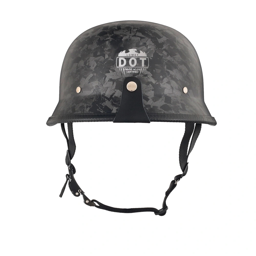 DOT-AUS-NZ Cartified - Lightweight - Reversible - Low Profile - Mayan-Germanator - Style - Motorcycle Biker Beanie Helmet - Black Carbon Fiber - BeanieHelmets - with quick-release chin strap on a white background