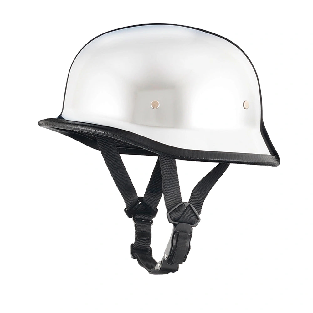 DOT-AUS-NZ Cartified - Lightweight - Reversible - Low Profile - Mayan-Germanator - Style - Motorcycle Biker Beanie Helmet - Chrome - BeanieHelmets - with quick-release chin strap on a white background