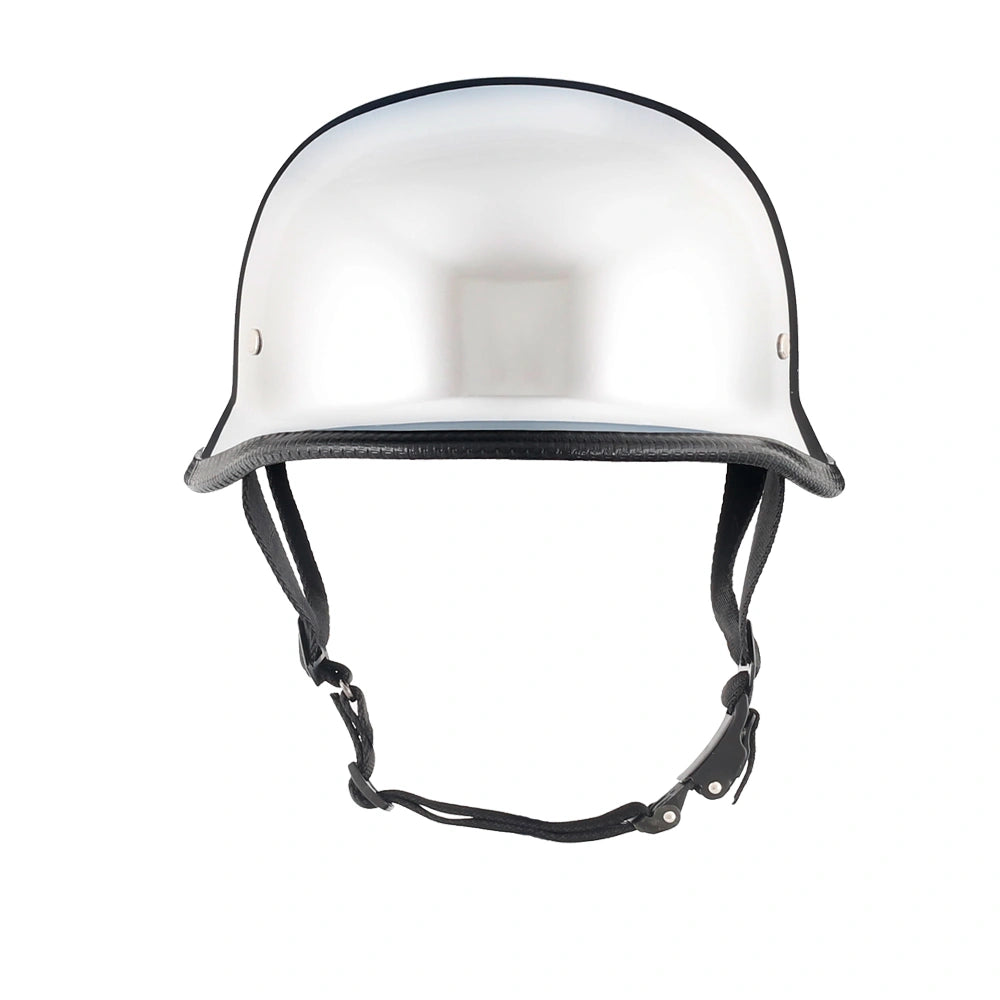 DOT-AUS-NZ Cartified - Lightweight - Reversible - Low Profile - Mayan-Germanator - Style - Motorcycle Biker Beanie Helmet - Chrome - BeanieHelmets - with quick-release chin strap on a white background