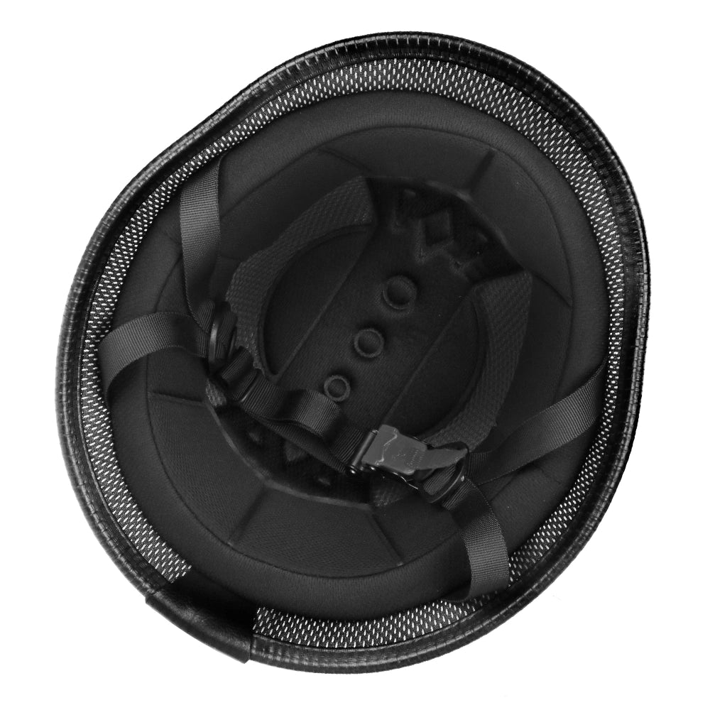 DOT-AUS-NZ Cartified - Lightweight - Reversible - Low Profile - Mayan-Germanator - Style - Motorcycle Biker Beanie Helmet - Gloss Black - BeanieHelmets - with quick-release chin strap on a white background