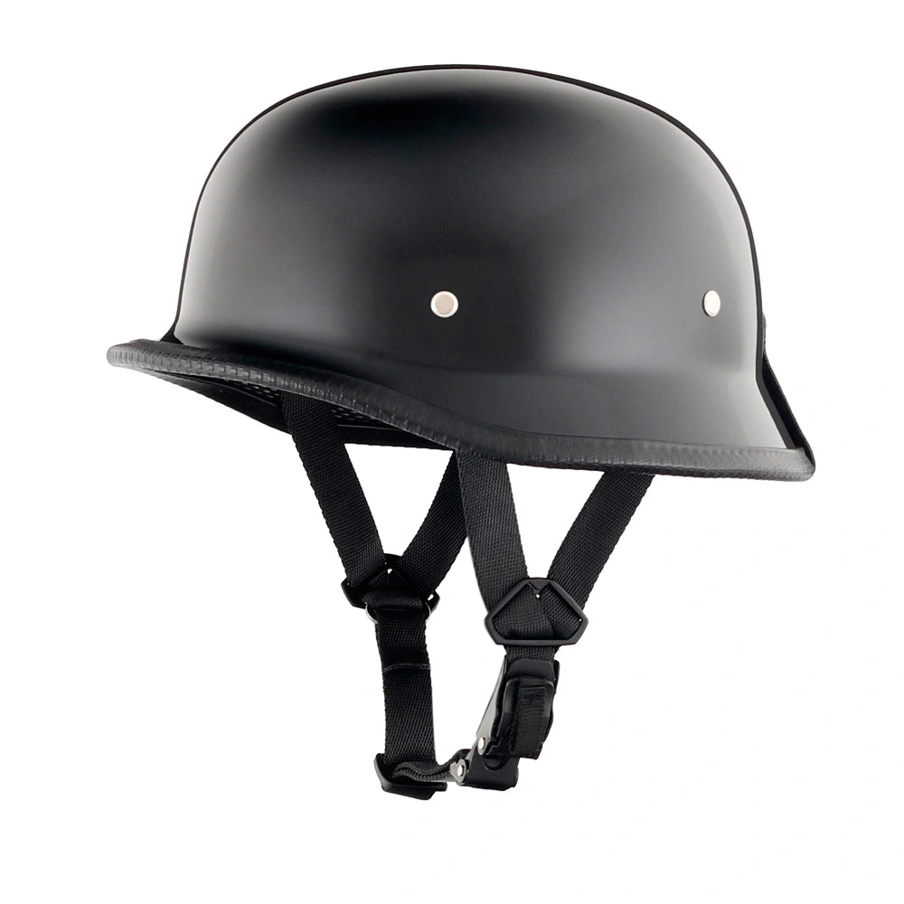 DOT-AUS-NZ Cartified - Lightweight - Reversible - Low Profile - Mayan-Germanator - Style - Motorcycle Biker Beanie Helmet - Gloss Black - BeanieHelmets - with quick-release chin strap on a white background