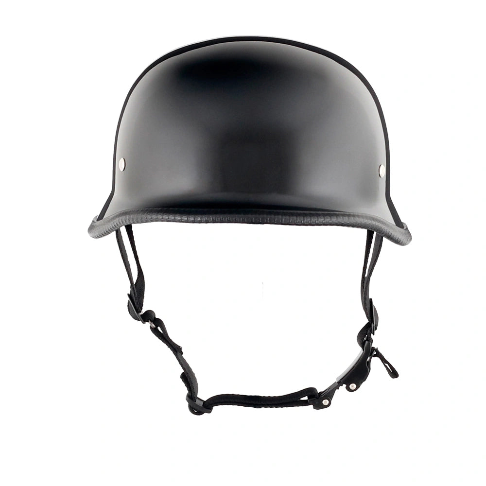 DOT-AUS-NZ Cartified - Lightweight - Reversible - Low Profile - Mayan-Germanator - Style - Motorcycle Biker Beanie Helmet - Gloss Black - BeanieHelmets - with quick-release chin strap on a white background