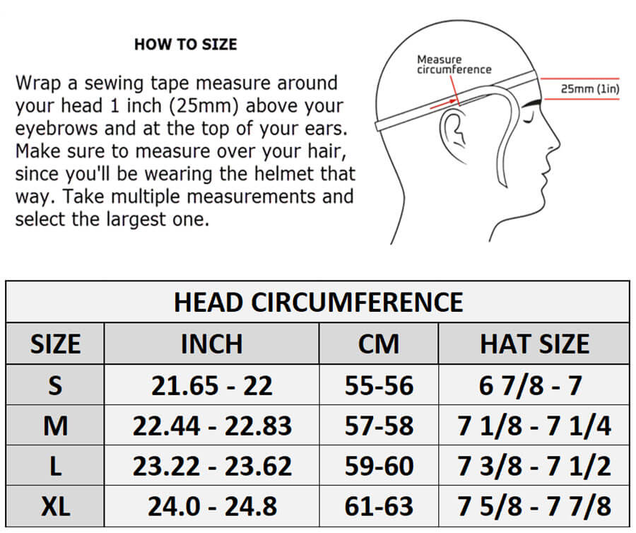 Helmet size chart with head measurement instructions and a diagram of how to measure head circumference for BASEBALL CAP beanie half helmets.