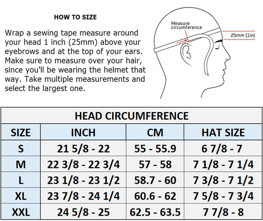 Helmet size chart with head measurement instructions and a diagram of how to measure head circumference for beanie half helmets.