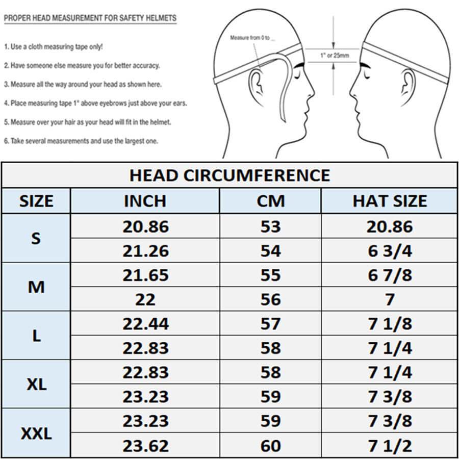 Size chart of Lightweight Mayan DOT Germanator Helmet / Gloss Black - Beanie Helmets