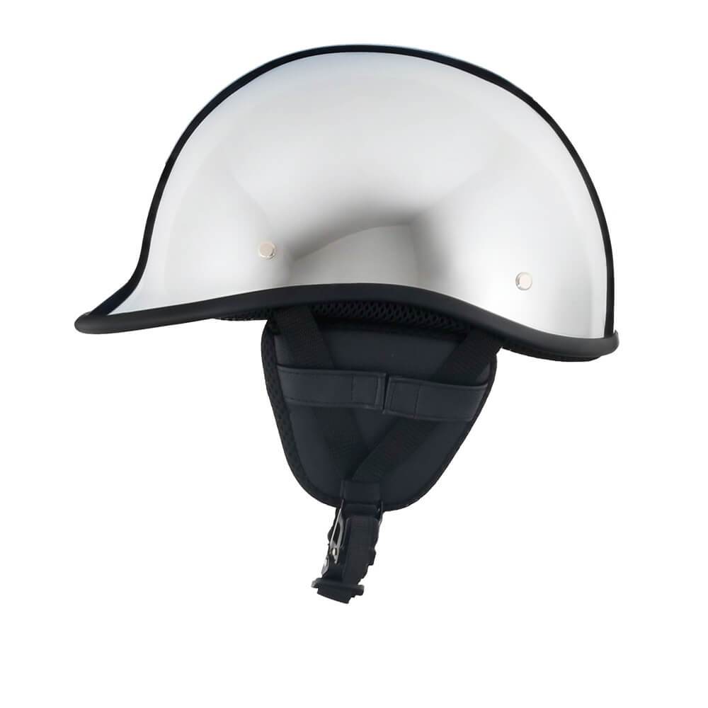 DOT-AUS-NZ Cartified - Lightweight - Reversible - Low Profile - Polo-Style - Motorcycle Biker Beanie Helmet - Chrome - BeanieHelmets - with quick-release chin strap on a white background