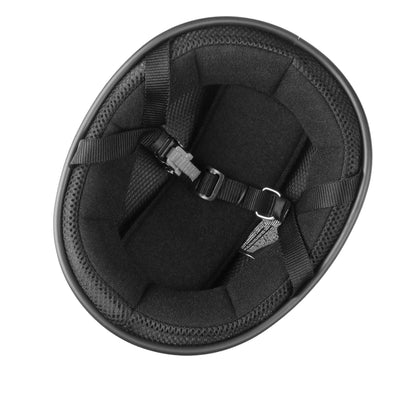 DOT-AUS-NZ Cartified - Lightweight - Reversible - Low Profile - SOA-Style - Motorcycle Biker Beanie Helmet - Black Carbon Fiber - BeanieHelmets  - with quick-release chin strap on a white background