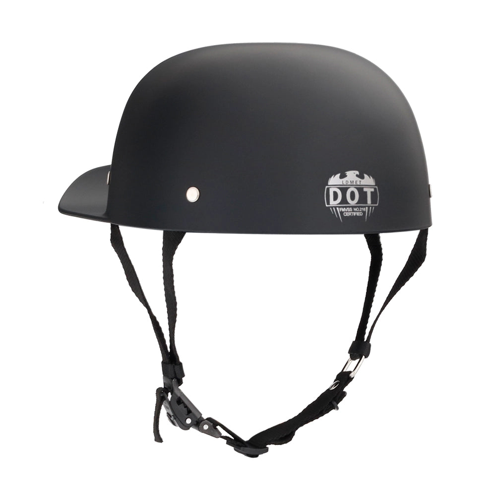 DOT-AUS-NZ Cartified - Lightweight - Reversible - Low Profile - Baseball pro mini - Style - Motorcycle Biker Beanie Helmet - matte Black - BeanieHelmets  - with quick-release chin strap on a white background