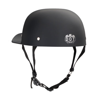 DOT-AUS-NZ Cartified - Lightweight - Reversible - Low Profile - Baseball pro mini - Style - Motorcycle Biker Beanie Helmet - matte Black - BeanieHelmets  - with quick-release chin strap on a white background