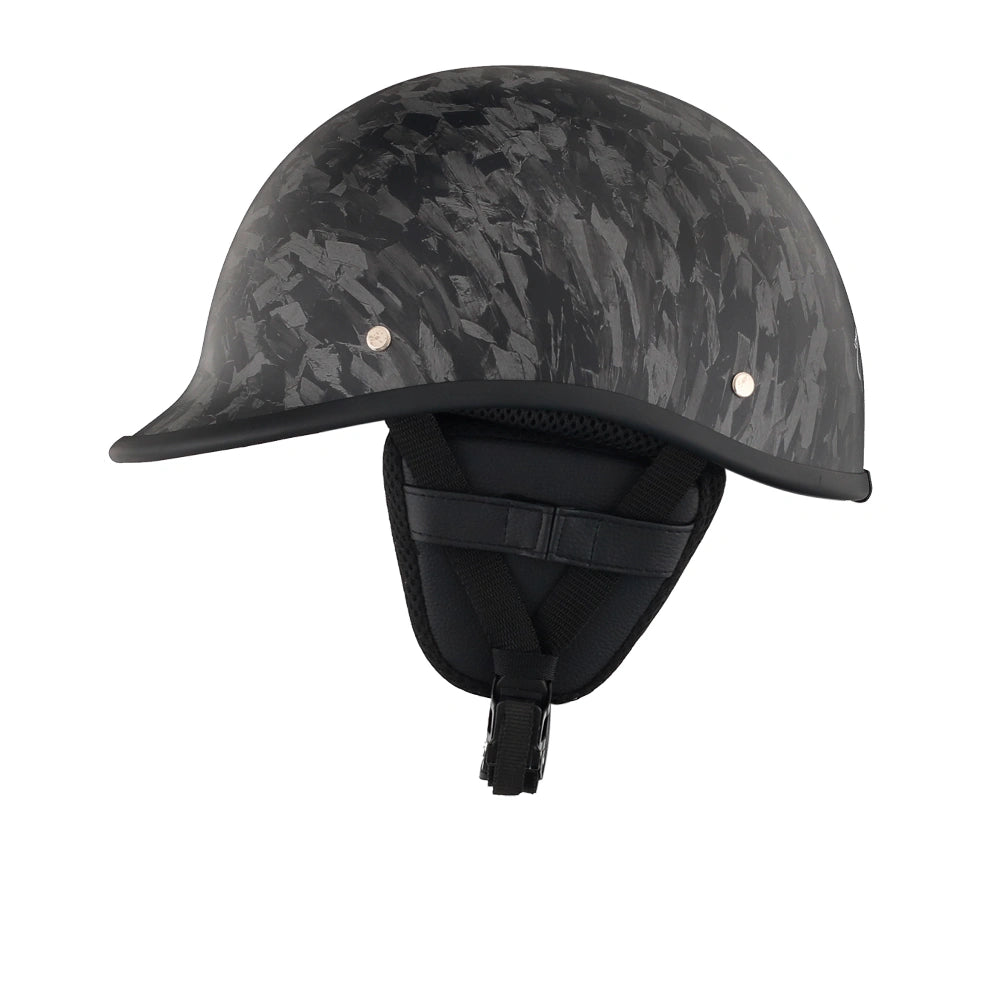 DOT-AUS-NZ Cartified - Lightweight - Reversible - Low Profile - Polo Style - Motorcycle Biker Beanie Helmet - Black Carbon Fiber - BeanieHelmets  - with quick-release chin strap on a white background