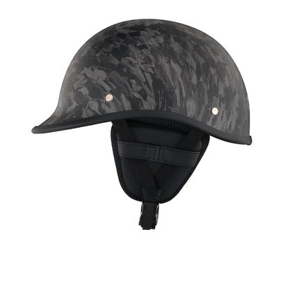 DOT-AUS-NZ Cartified - Lightweight - Reversible - Low Profile - Polo Style - Motorcycle Biker Beanie Helmet - Black Carbon Fiber - BeanieHelmets  - with quick-release chin strap on a white background