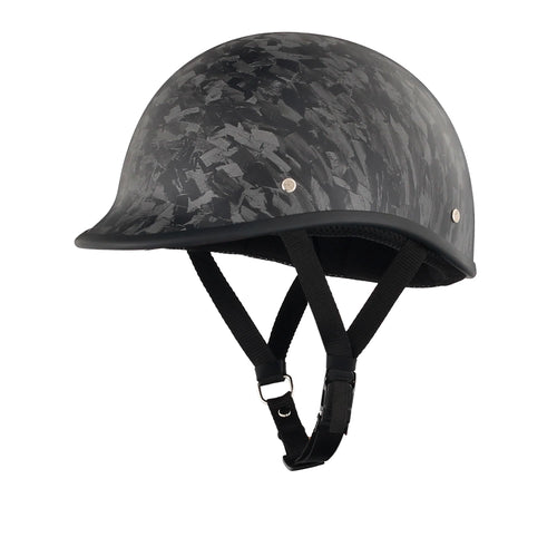 DOT-AUS-NZ Cartified - Lightweight - Reversible - Low Profile - Polo Style - Motorcycle Biker Beanie Helmet - Black Carbon Fiber - BeanieHelmets  - with quick-release chin strap on a white background