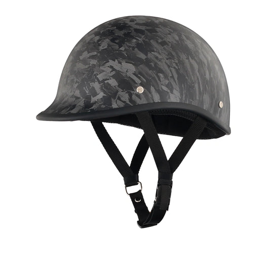 DOT-AUS-NZ Cartified - Lightweight - Reversible - Low Profile - Polo Style - Motorcycle Biker Beanie Helmet - Black Carbon Fiber - BeanieHelmets  - with quick-release chin strap on a white background