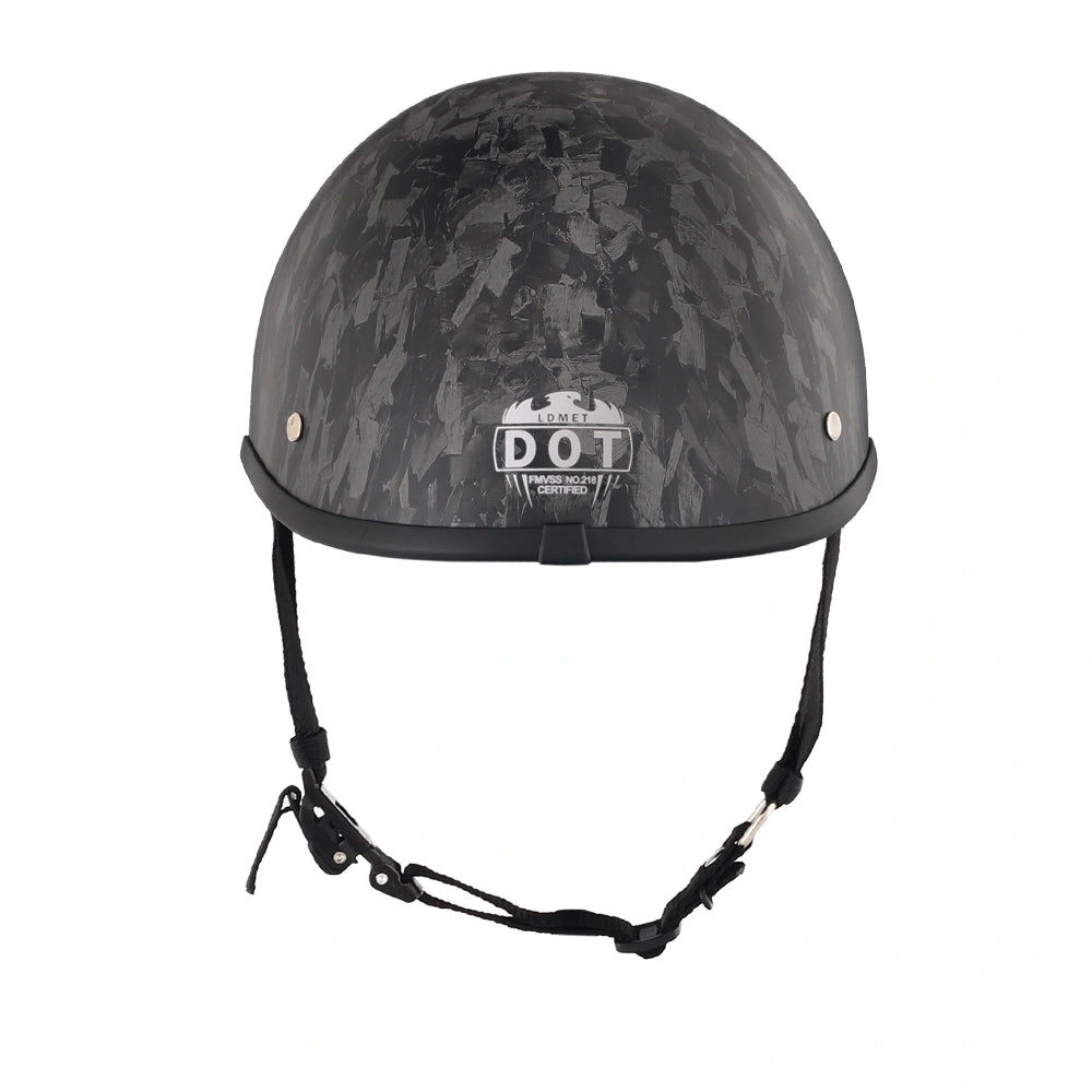 DOT-AUS-NZ Cartified - Lightweight - Reversible - Low Profile - Polo Style - Motorcycle Biker Beanie Helmet - Black Carbon Fiber - BeanieHelmets  - with quick-release chin strap on a white background
