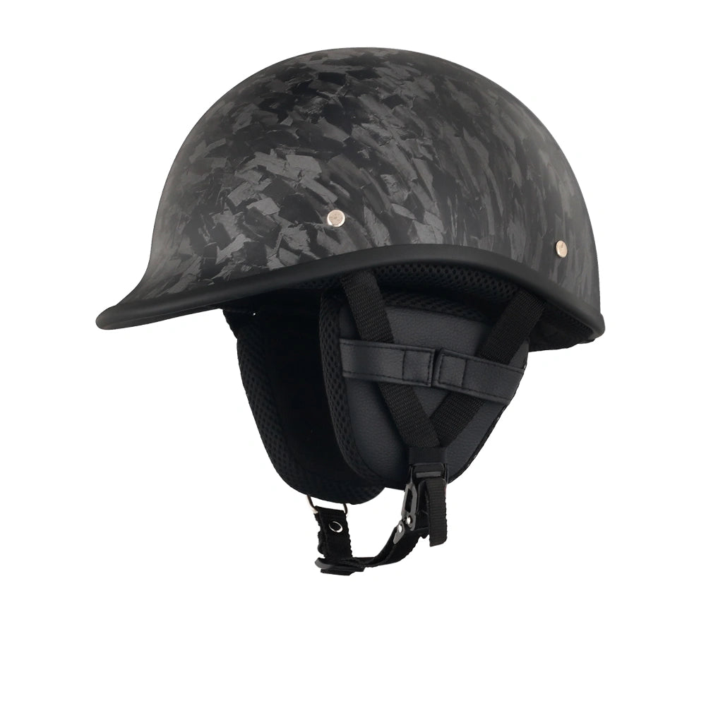 DOT-AUS-NZ Cartified - Lightweight - Reversible - Low Profile - Polo Style - Motorcycle Biker Beanie Helmet - Black Carbon Fiber - BeanieHelmets  - with quick-release chin strap on a white background