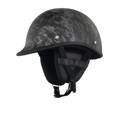 DOT-AUS-NZ Cartified - Lightweight - Reversible - Low Profile - Polo Style - Motorcycle Biker Beanie Helmet - Black Carbon Fiber - BeanieHelmets  - with quick-release chin strap on a white background