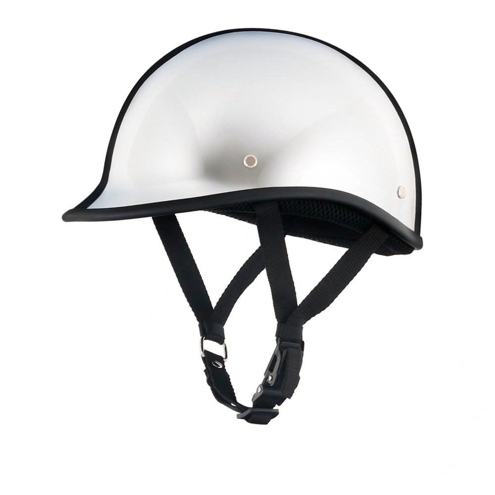 DOT-AUS-NZ Cartified - Lightweight - Reversible - Low Profile - Polo-Style - Motorcycle Biker Beanie Helmet - Chrome - BeanieHelmets  - with quick-release chin strap on a white background