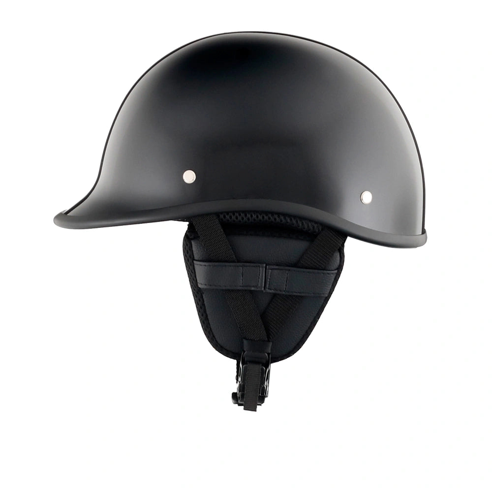 DOT-AUS-NZ Cartified - Lightweight - Reversible - Low Profile - Polo-Style - Motorcycle Biker Beanie Helmet - Gloss Black - BeanieHelmets  - with quick-release chin strap on a white background