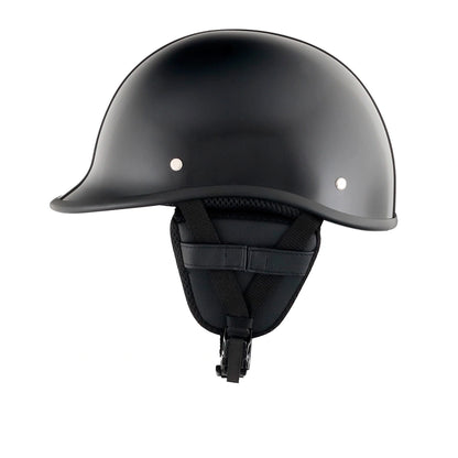 DOT-AUS-NZ Cartified - Lightweight - Reversible - Low Profile - Polo-Style - Motorcycle Biker Beanie Helmet - Gloss Black - BeanieHelmets  - with quick-release chin strap on a white background