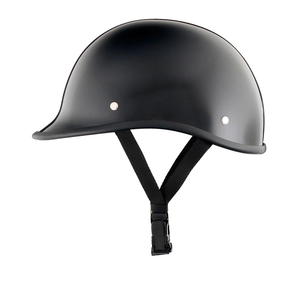 DOT-AUS-NZ Cartified - Lightweight - Reversible - Low Profile - Polo-Style - Motorcycle Biker Beanie Helmet - Gloss Black - BeanieHelmets  - with quick-release chin strap on a white background