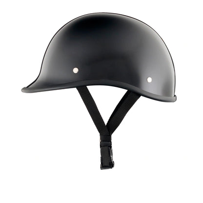 DOT-AUS-NZ Cartified - Lightweight - Reversible - Low Profile - Polo-Style - Motorcycle Biker Beanie Helmet - Gloss Black - BeanieHelmets  - with quick-release chin strap on a white background