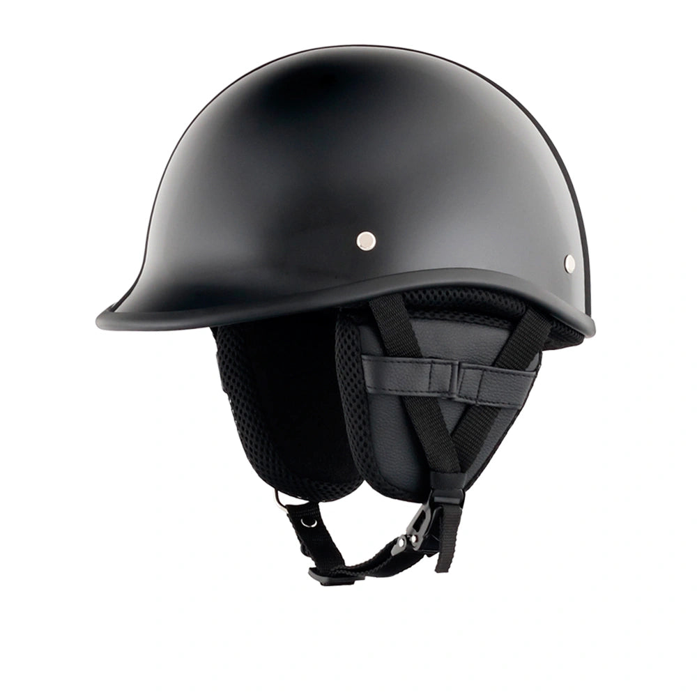DOT-AUS-NZ Cartified - Lightweight - Reversible - Low Profile - Polo-Style - Motorcycle Biker Beanie Helmet - Gloss Black - BeanieHelmets  - with quick-release chin strap on a white background