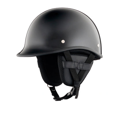 DOT-AUS-NZ Cartified - Lightweight - Reversible - Low Profile - Polo-Style - Motorcycle Biker Beanie Helmet - Gloss Black - BeanieHelmets  - with quick-release chin strap on a white background