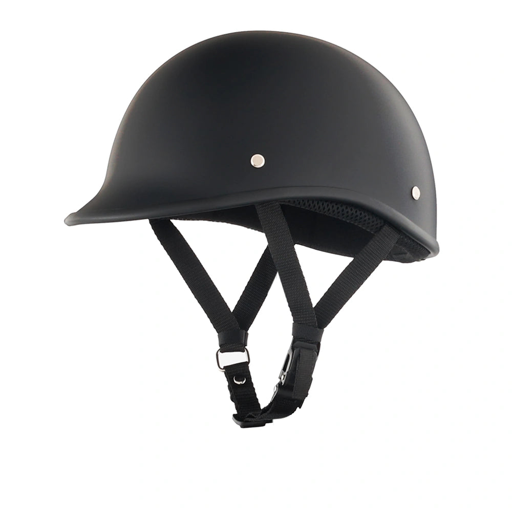 DOT-AUS-NZ Cartified - Lightweight - Reversible - Low Profile - Polo-Style - Motorcycle Biker Beanie Helmet - Matte Black - BeanieHelmets  - with quick-release chin strap on a white background
