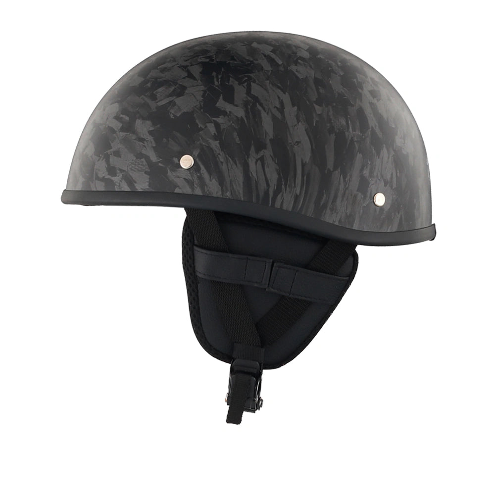 DOT-AUS-NZ Cartified - Lightweight - Reversible - Low Profile - SOA-Style - Motorcycle Biker Beanie Helmet - Black Carbon Fiber - BeanieHelmets  - with quick-release chin strap on a white background