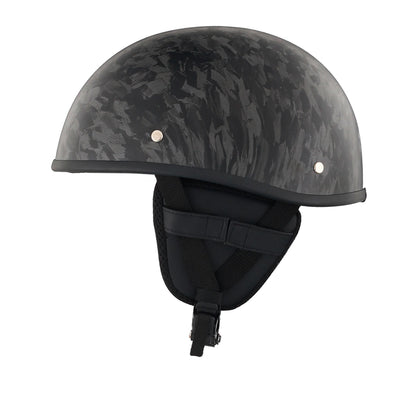 DOT-AUS-NZ Cartified - Lightweight - Reversible - Low Profile - SOA-Style - Motorcycle Biker Beanie Helmet - Black Carbon Fiber - BeanieHelmets  - with quick-release chin strap on a white background